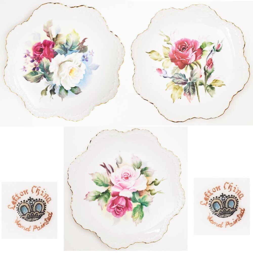 6 Lefton China Vintage Shabby Chic Hand Painted Rose Floral Decorative Plates